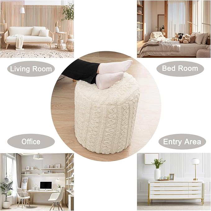 Round Ottoman Foot Rest14.6x14.6x18 Inches Boucle Ottoman Multifunctional Pouf Ottoman Foot Stool Fluffy Fur Ottoman Stool Pouf Footrest Stool for Living Room Bedroom (Ivory)