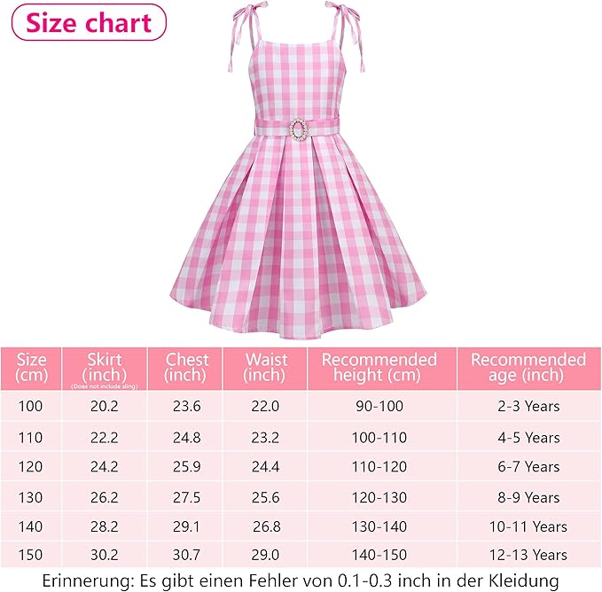 Girls Pink Plaid Costume Strap - Kid Dress Movie Cosplay Outfits Halloween Gingham Birthday Costumes