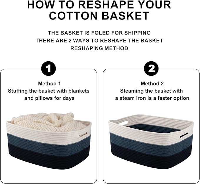 OIASKET Large Storage Basket for Organizing, Woven Rope Basket for Shelves, Closet Organizer Bins for Clothes, Blanket, Toys, Baby Nursery Storage, 17.7" x 13" x 7.87", 2 Packs Gradient Blue