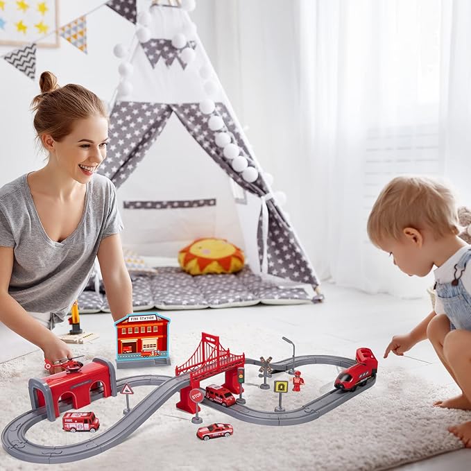 Train Sets for Toddlers, 66 Pcs Trains Toy with Battery Operated & Tracks (Magnetic Connection), Compatible with Thomas, Brio, Christmas Toy Gifts for 3 4 5 6 7 8 Years Old (Fire Engines)