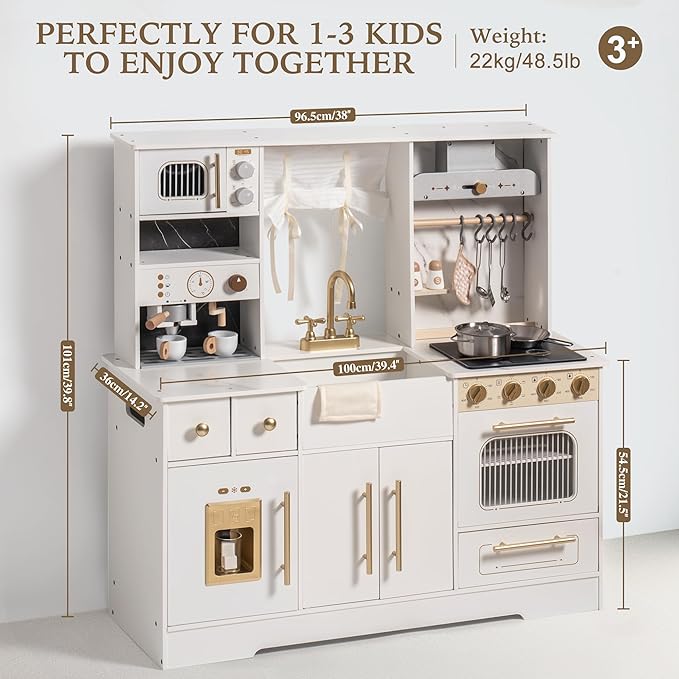 ROBOTIME Wooden Play Kitchen for Toddlers and Kids, Toy Kitchen Set with Ice Maker and Coffee Machine, Realistic Toddler Kitchen Set, Gift for Girls Boys Ages 3+ White