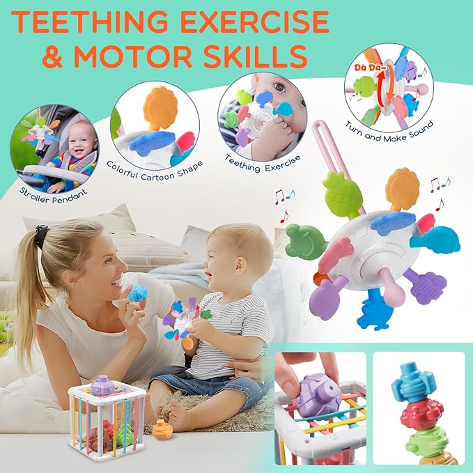 Montessori Baby Toys for 1+ Year Old - Sorting Stacking Learning Toys 6 to 12 Months, Wooden Building Blocks, Xylophone Musical, Infant Teethers Toys for Babies, 6 in 1 Toy Gifts for Toddlers