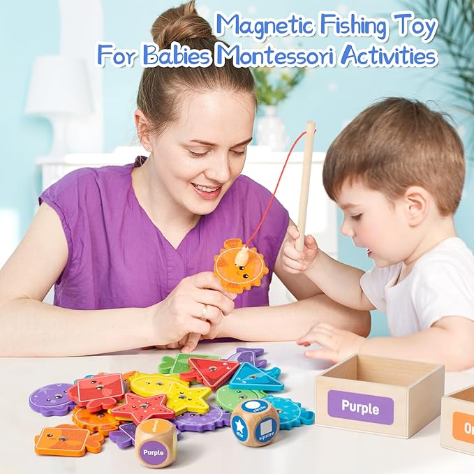Montessori Toys for Toddlers 1-3,Wooden Magnetic Fishing Game Educational Shape & Color Sorting for Kid 3-5,Boy Girl Preschool Learning Motor Skill Matching Activities Toys for Ages 2-4(Box)