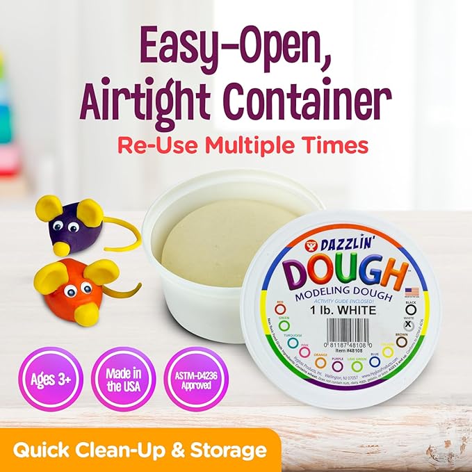 Hygloss Play Modeling Dough - White Dough Unscented - Safe & Non-Toxic for Kids Arts & Crafts - Party Favors - Classroom Supplies - 1lb