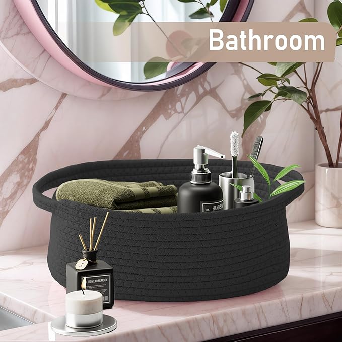 JMvicyroam Woven Basket,Small Rope Storage Bin with Handles & Ribbon Bag, Organizer for Shelves Closets,Gift Basket Empty for Birthday,Books,Dog Toys, Black/2 Pack