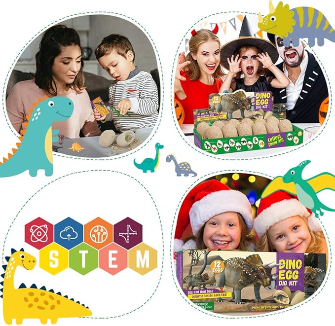 XXTOYS ππ’π§π¨ ππ π ππ’π ππ’π, Dig a Dozen Dinosaur Eggs Excavation Kits with 12 Unique Dinosaur Toys, Dinosaur Dig for Kids, Easter Party Archaeology Paleontology Educational Science STEM Gift