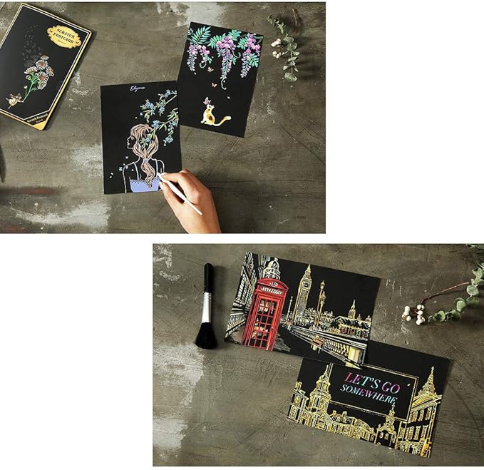 Magic Scratch Art Paper(7.9"x5.5"), Rainbow Landscape Engraving Art Mini Scratchboard Pads for Adults and Kids, Art & Crafts Set: 12 Sheets Scratch Postcard Cards & Drawing Pens, Brush (City Living)