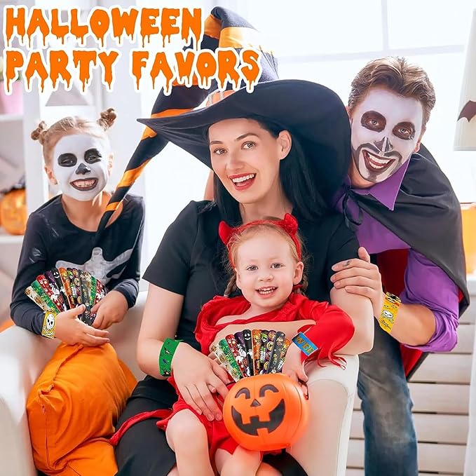 100Pcs Halloween Slap Bracelets, Halloween Party Favors Treat Toys for Kids Girls Boys, Slap Bracelets Bulk for Halloween Party Supplies, Halloween Treat Goodie Bags Gifts