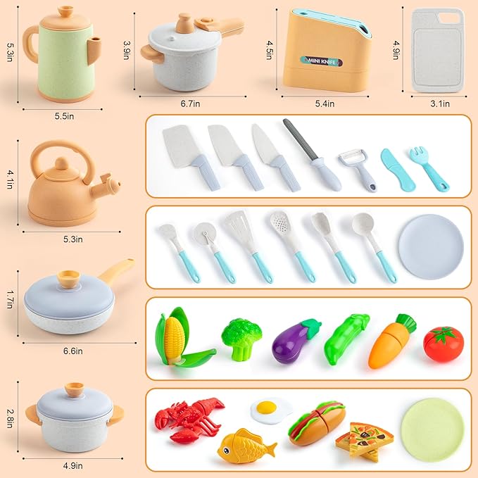 42Pcs Play Kitchen Accessories, Kids Kitchen Pretend Play Toys with Play Pots and Pans, Utensils Cookware Toys, Play Food Set, Toy Vegetables, Learning Gift for Girls Boys