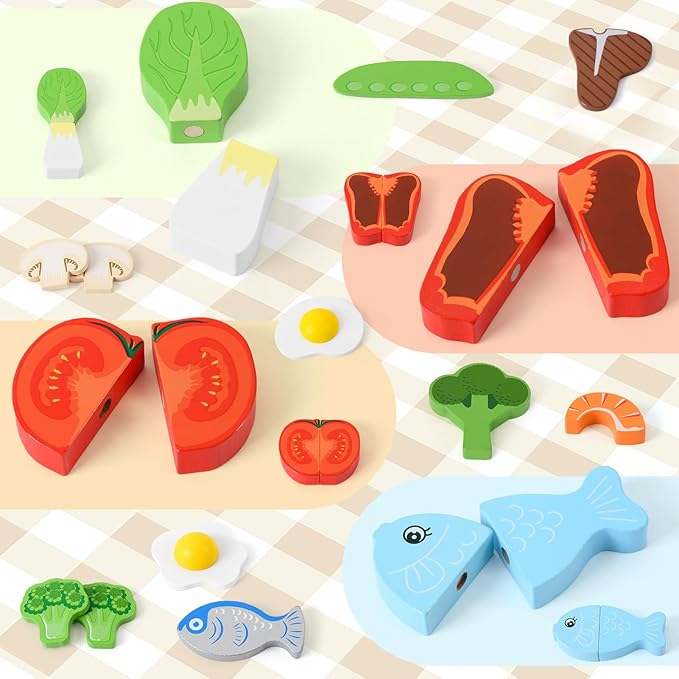 Atoylink Wooden Kids Kitchen Playset 44 Pcs Play Kitchen Accessories with Cookware, Pot, Vegetable, Fish, Play Food Set, Toddler Kitchen Toys Pretend Play Toy Gift for Kids Boys Girls Aged 3+