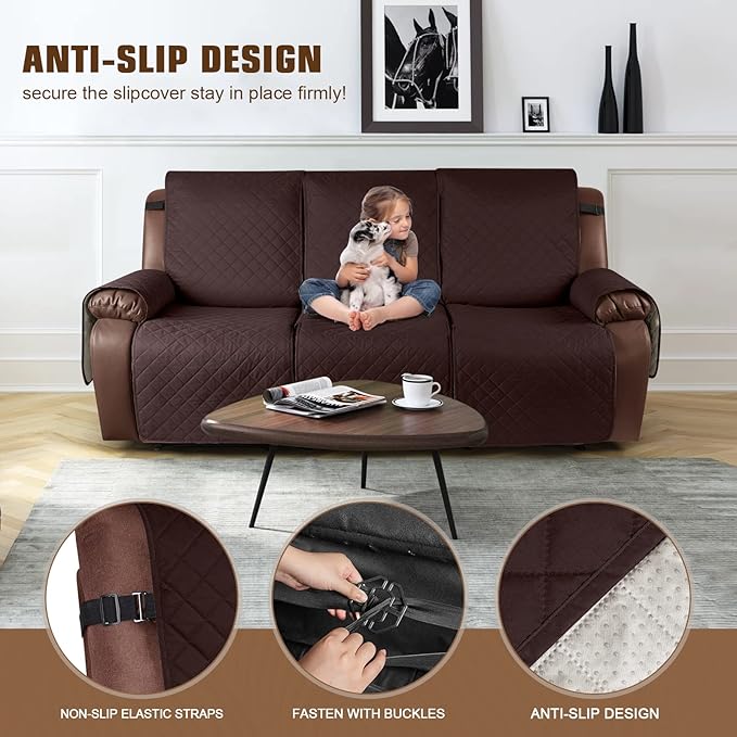 KinCam Waterproof Recliner Sofa Cover, Non-Slip Reclining Couch Covers for 3 Seat, Recliner Couch Cover Furniture Protector with Elastic Straps for Pets, Kids, Coffee
