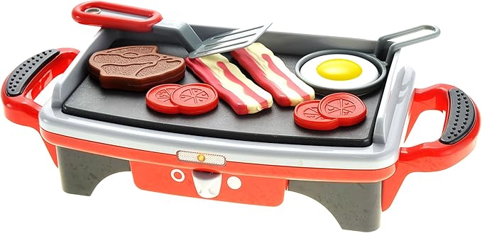 PowerTRC Breakfast Kids Toy Grill Playset for Ages 4-8, Cooking Toys Play Grill Set for Kids, Pretend BBQ Grill with Realistic Sounds Foods Utensils