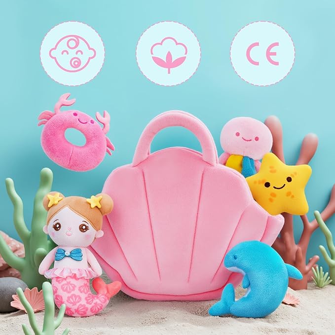 OUOZZZ Soft Baby Doll for Girls Mermaid Toys - 2 Years Old Sensory Toy - Little Dolls Birthday Gifts Age 1-3 Toddler Plush Stuffed Animal with Squeaker, Crinkle and Bell Ringing Toy Set