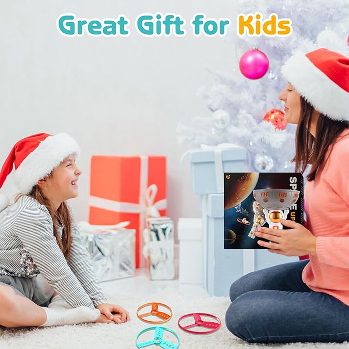 Outdoor Toys for Kids Ages 4-8 - Flying Disc Launcher Toy, Music Astronaut Flying Helicopter Toys with Sounds, 2&1 Flying Saucer Mode and Spinning Top Mode Flying Toys, Birthday Gift for 3-8 Year Old