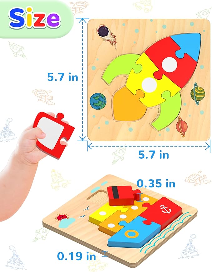 Yetonamr Wooden Toddler Puzzles Gifts Toys for 1 2 3 Years Old Boys Girls, 6 Vehicle Shape Montessori Toys Educational Blocks Easter Basket Stuffers Kids Gift Baby Learning Toy Age 1-3, 2-4