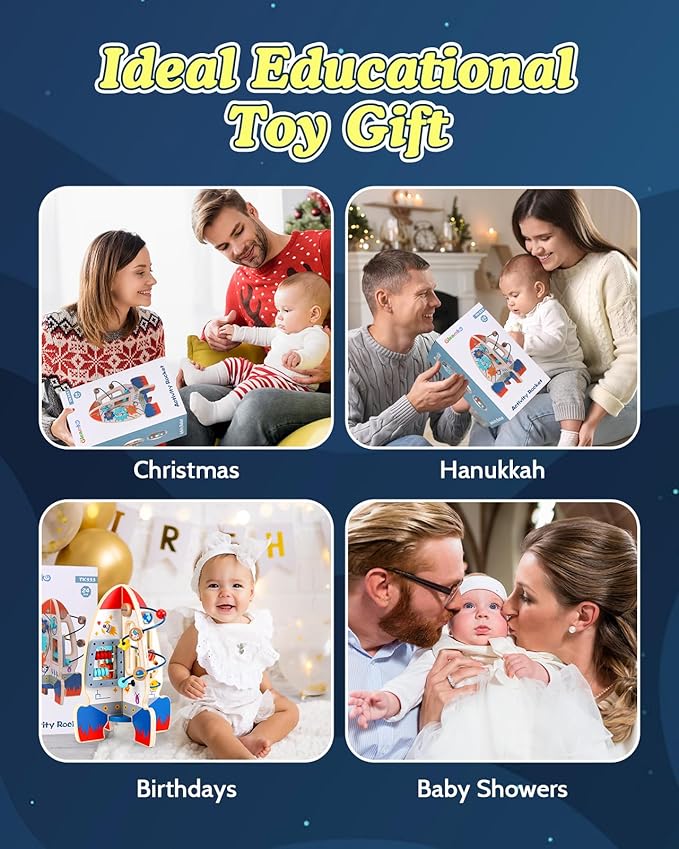 Baby Space Rocket Wooden Activity Cube Montessori Toys, 6-in-1 Sensory and Educational Learning Toys with Bead Maze Abacus, STEM Developmental Birthday Gifts for Toddler Boy Girl Ages 2 3 4