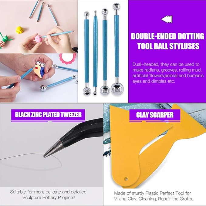 Swpeet 24Pcs Modeling Clay Sculpting Tools Kits, Painting Brush, Dual-Ended Design Pottery Tools, Ball Stylus Tool, Plastic Ball Rod Stylus Modeling Tools, Clay Roller, Clay Scarper for Modeling Clay