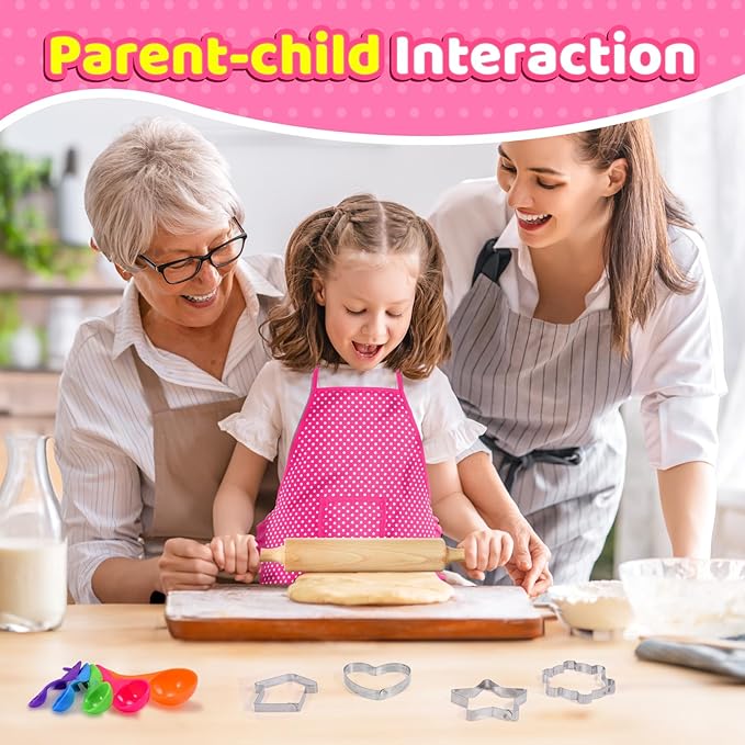 Toyze Gifts for 3-8 Year Old Girls, Kids Apron for Girls Kids Cooking Set, Toddler Apron for Kids Chef Hat and Apron, Toys for 3-12 Year Old Girls 20Pcs Pink- with Cookbook