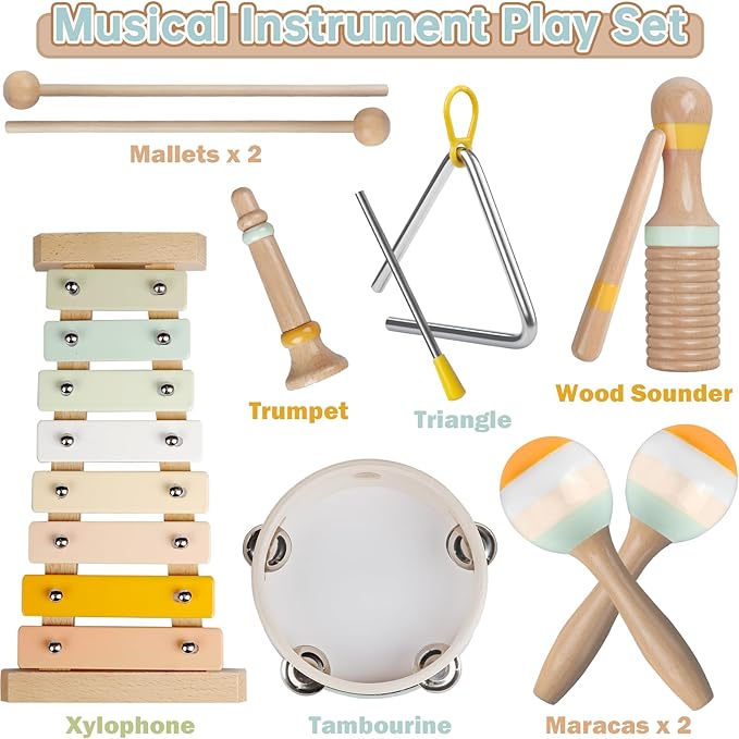 Baby Musical Instruments - Montessori Wooden Musical Toys for Toddlers 1-3, Xylophone Maracas Tambourine Percussion Set, Kids Preschool Music Learning Toys, Educational Birthday Gifts (Neutral)