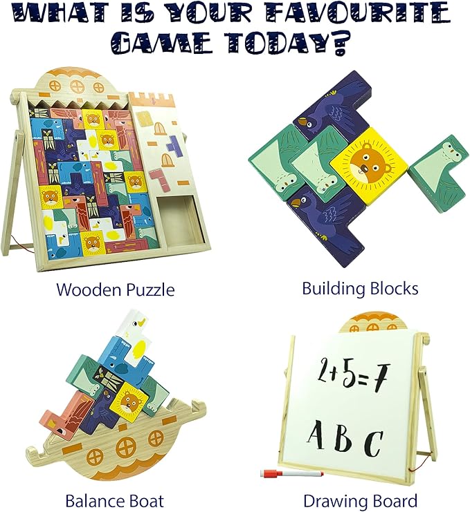 Wooden Blocks Puzzle 35 Pcs Tetra Tower Balance Stacking Board Game, Tangram Jigsaw Montessori Toys Team Building Blocks Family Games for Kids & Adults