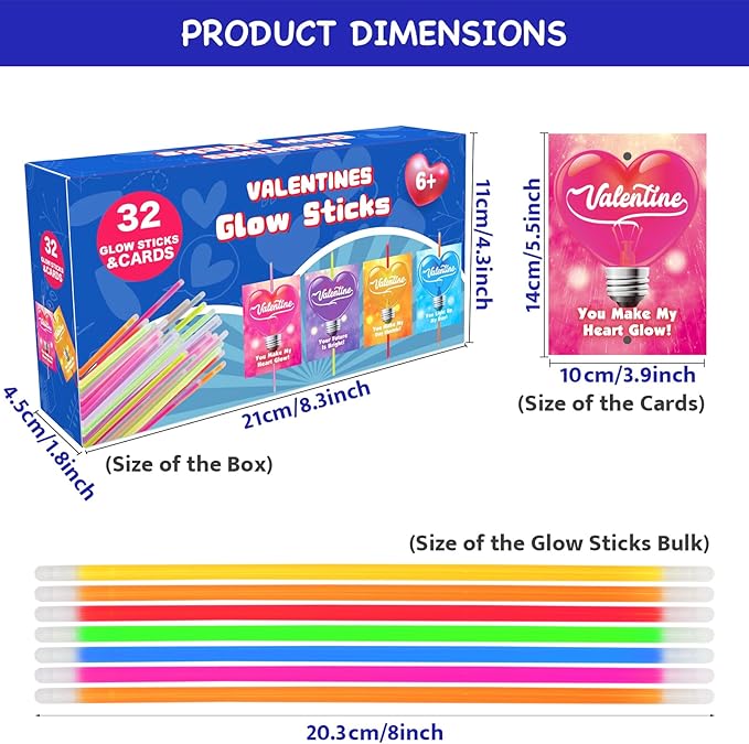 Valentines Day Gifts For Kids, 32 Packs Valentines Glow Sticks Bracelet Valentines Gifts Glow Necklaces for Valentines Day Gifts for Kids School Classroom Exchange Party Favors Supplies