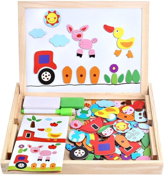 Wooden Toy Magnetic Board Puzzle Games , Double Side Jigsaw &Drawing Sketchpad Writing Dry Erase Board Chalkboard Educational Toys for Kids