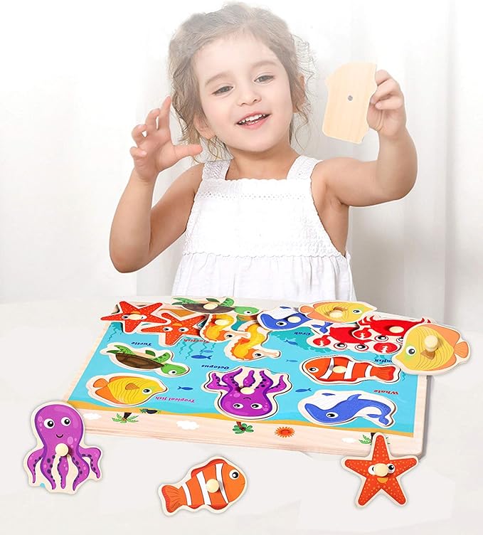 Wooden Peg Puzzles for Toddlers 2 3 4 Years Old, Kids Educational Preeschool Peg Puzzles Toy, 3 Pcs Toddler Puzzles Set - Traffic, Animals and Ocean, Great Gift for Girls and Boys (First Edition)