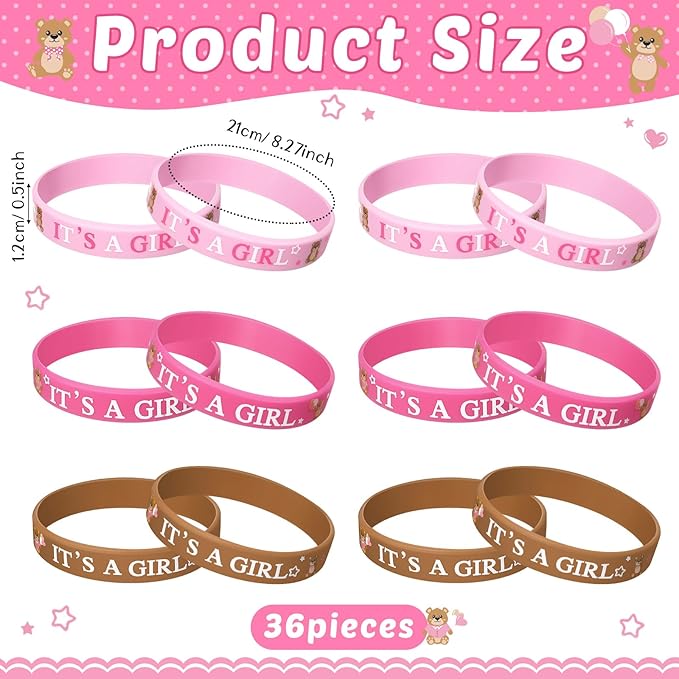 Zomiboo 36 Pieces Baby Shower Rubber Bracelets, It's a Boy It's a Girl Wristbands Elephant Baby Shower Decorations for Boy Girl Baby Shower Party Favor Gender Reveal Party Supplies (Pink Bear Style)
