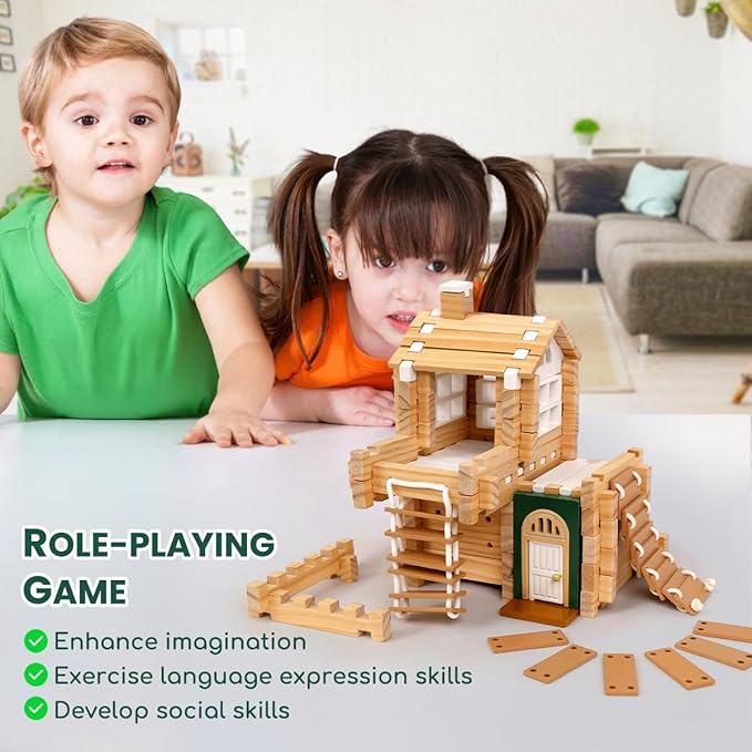 Jovi-mindly Dream House Building Blocks Set Wooden Blocks Toys (107 pcs) with Door and Windows, Educational Classic Wooden Blocks for Toddlers Ages 3+ Boys and Girls Aged,FSC Certified