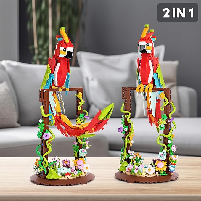 Flowers and Parrot 2 in 1 Building Sets Rotatable 360° Compatible with Lego Sets for Adult, Creative Bird Botanical Collection Set Decor for Home Office, Gifts for Boys Girls Age 8+ Kids 636PCS RED