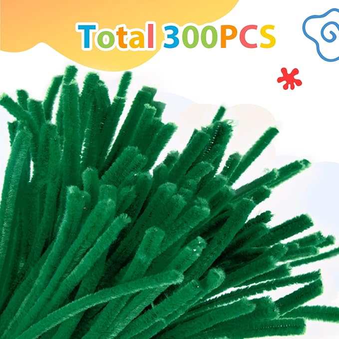 Caydo 300 Pieces Green Pipe Cleaners Craft Supplies Chenille Stems for DIY Craft Projects Christmas Decorations, 6mm x 12inch