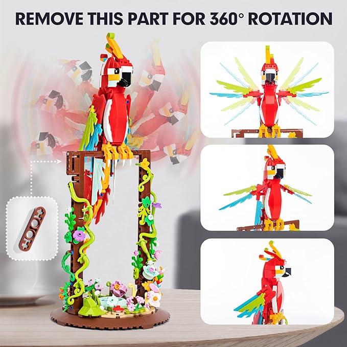 Flowers and Parrot 2 in 1 Building Sets Rotatable 360° Compatible with Lego Sets for Adult, Creative Bird Botanical Collection Set Decor for Home Office, Gifts for Boys Girls Age 8+ Kids 636PCS RED