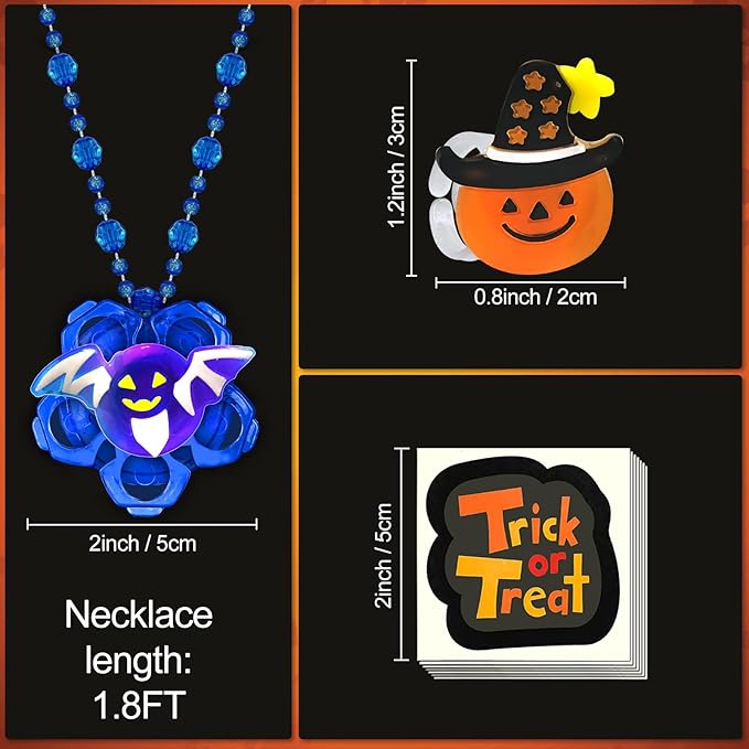 100 PCS Halloween Party Favors for Kids, Halloween Glow in the Dark Toys Rotating Spin Light Up Necklaces, LED Rings Decorations, Halloween Trick or Treats Classroom Goodie Bag Fillers Party Supplies