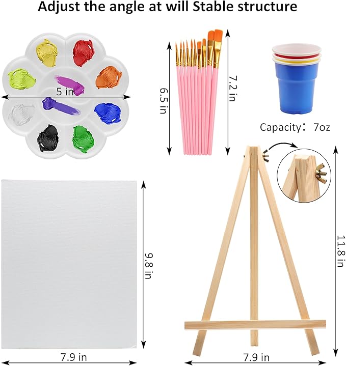 121 Pcs Art Painting Kit Supplies Set for Kids to Party - 60 Paint Brushes, 24 Acrylic Paints, 6 Wood Easels & Canvas Panels & Palettes & Aprons & Wash Pen Cup, 1 Plastic Tablecloth