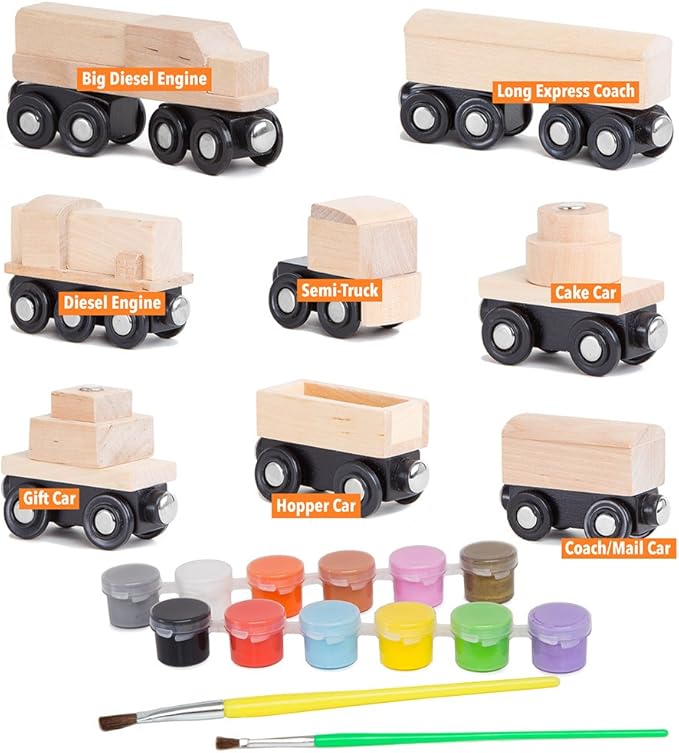 Orbrium 8 Unpainted Train Cars with 12 Colors Paint and Paint Brushes Set for Wooden Railway Compatible with Thomas, Chuggington, Brio, for Birthday Party Train Theme