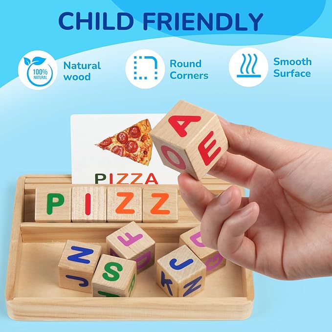 BenBen Spelling Games with 110 Flash Cards, Montessori Toys for 3 4 5 6 Years Old Kids, Wooden Matching Letters Toys, CVC Word Educational Learning Toys, Gift for Preschool Kindergarten