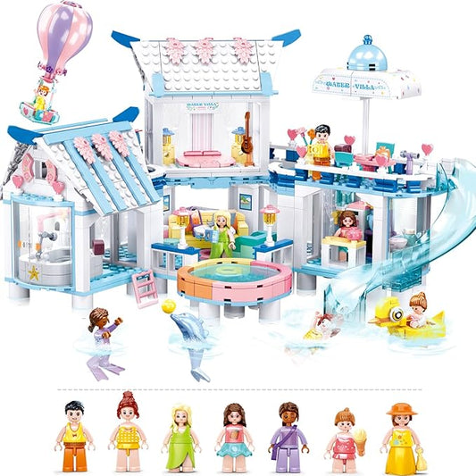 Friends Water Villa Building Set with 7 Minifigures, Summer Vacation Villa Friends Building Toys for Girls, Compatible with Lego Friends Girls, for Princess Girls, 938 PCS