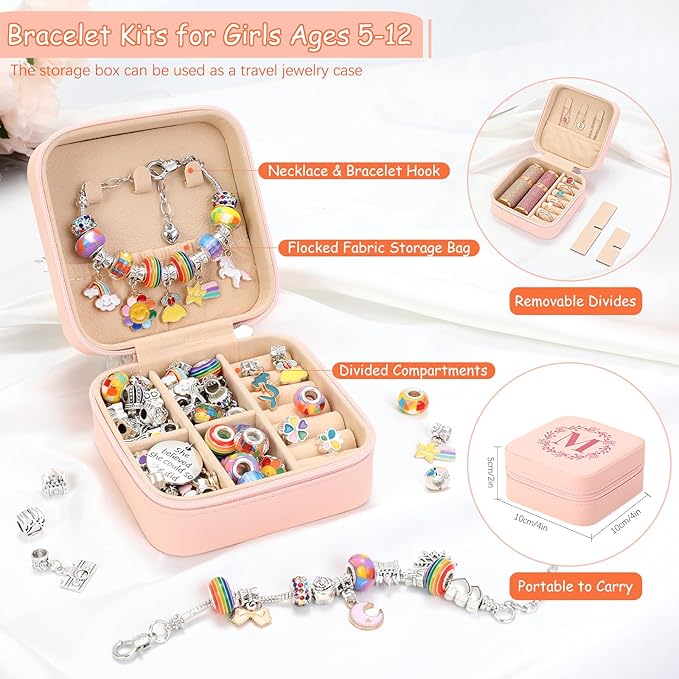 Charm Bracelet Making Kit for Girls 3-12, Kids Jewelry Making Kit 66Pcs Jewelry Kits for Girls Ages 8-12 Jewelry Maker Craft Necklace Birthday Christmas Gifts with Initial Jewelry Organizer Box - F