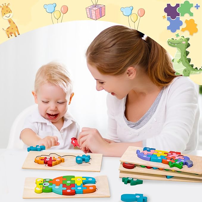 LovesTown Animal Wooden Puzzle, Jigsaw Alphabet Number Blocks, Educational Toy for Toddlers, Ideal for Gifting and Learning