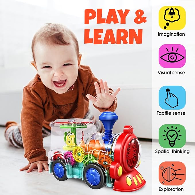 Transparent Train Toy - Fun and Interactive Electric Train Toy for Kids - Music Train with LED Light up - Colorful Moving Gears -Tummy Time Crawling Baby Toys for Boys Girls