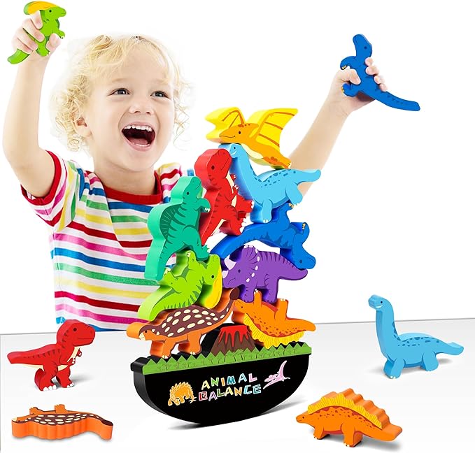 FFTROC Montessori Dinosaur Toys for 2 3 4 Year Old Boys - Wooden Stacking Dinosaur Toys for Kids 2-4 3-5, Toddler Balancing Block Sets