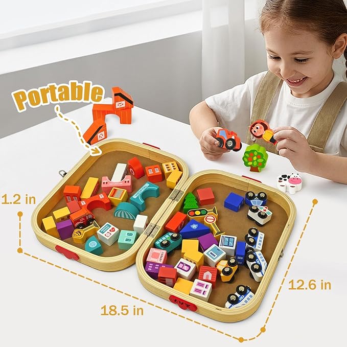 Vileafy Toys Building Blocks Set for Boys and Girls Gift, 56 Pcs Wooden City Stacking Block, Educational Toys for 3 4 5 6 Years Old Kids