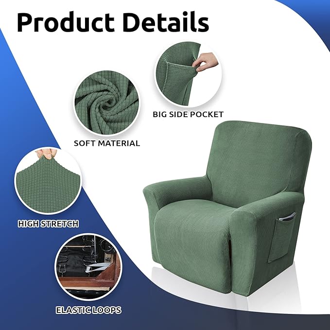 KEKUOU Recliner Chair Covers Lazy Boy Recliner Covers Stretch Couch Cover Slipcovers 1 Piece Furniture Protector with Elastic Bottom for Dog,Kids.(Recliner, Greyish Green)