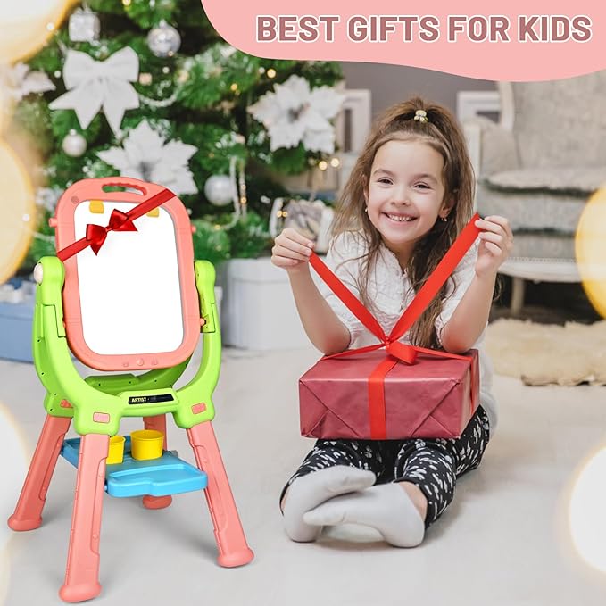 Kids Art Easel and Toddler Ease,Equipped with A Little Bench, Blackboard and Whiteboard, Toddler Art Supplies, Drawing Easel for Toddlers 3-5,Gifts for Children (Pink+Green)