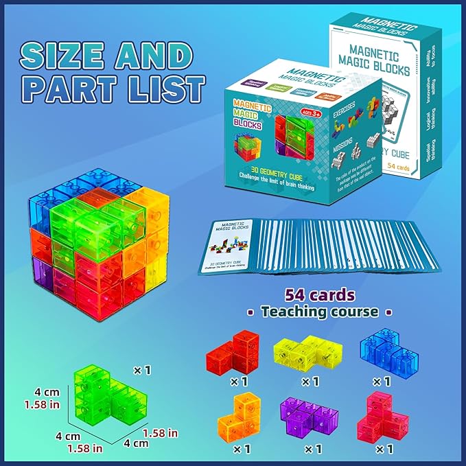 Magnetic Building Blocks, STEM Magic Magnetic 3D Puzzle Cubes, 7 Pcs Preschool Multi Shapes Magnetic Toys with 54 Cards, Montessori Sensory Autism Building Toys for Kids