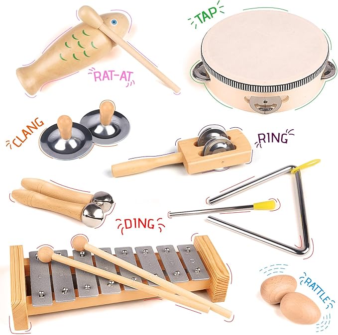 Chriffer Kids Musical Instruments Toys, Percussion Instruments Set with Xylophone, Preschool Educational Music Toys for Boys Girls, Natural Eco-Friendly Wooden Music Set (8)