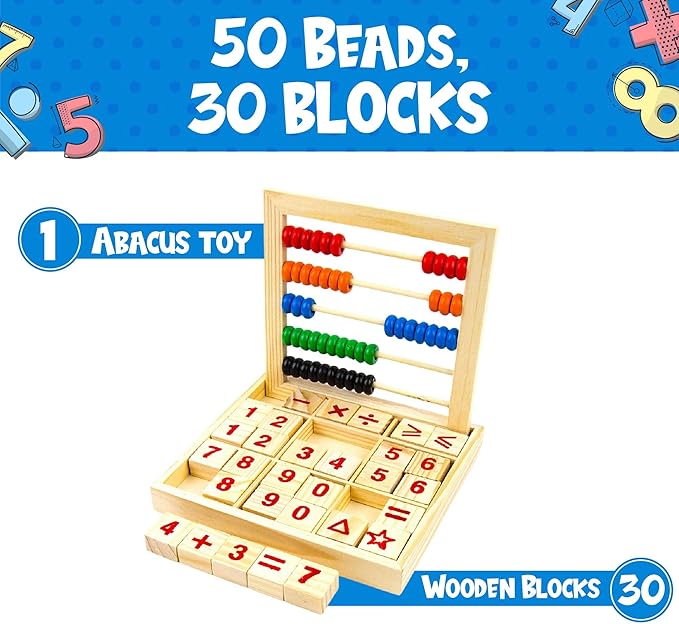 Toysery Abacus for Kids Math Counters, Wooden Educational Counting Toy, Toddler Blocks Kindergarten Toys, Toddler Blocks Wooden Toys, 50 Beads and 30 Blocks, Wooden Blocks for Toddlers 1-3 Large