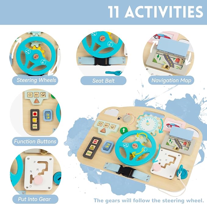 Montessori Wooden Toddler Toys, Busy Board for 1-4 Year Olds, Sensory Activity Board for Fine Motor Skills, Travel Educational Sensory Toys for Boys & Girls