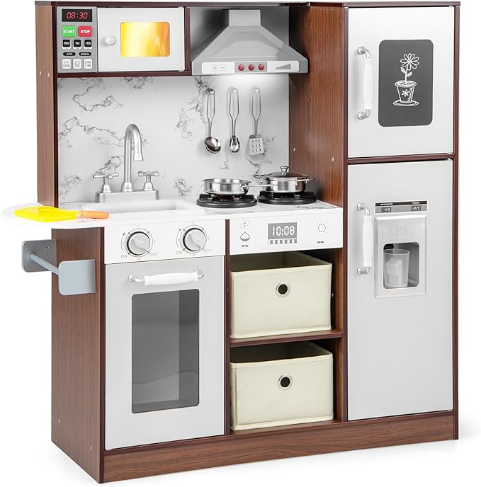 Costzon Kids Kitchen Playset, Wooden Pretend Cooking Kitchen Toy with Realistic Sounds & Light, Range Hood, Microwave, Ice Maker, Sink & Faucet, Toddler Play Kitchen, Gift for Boys & Girls 3+