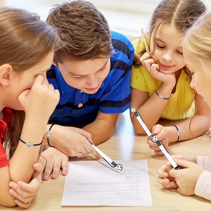 Sabary 30 Pcs Sport Theme Party Favors Set, 15 Pcs Soccer Pens 15 Pcs Soccer Theme Bracelets Ballpoint Pens Adjustable Bracelet Sport Party Gifts for Kids Teens Team Members (Black)